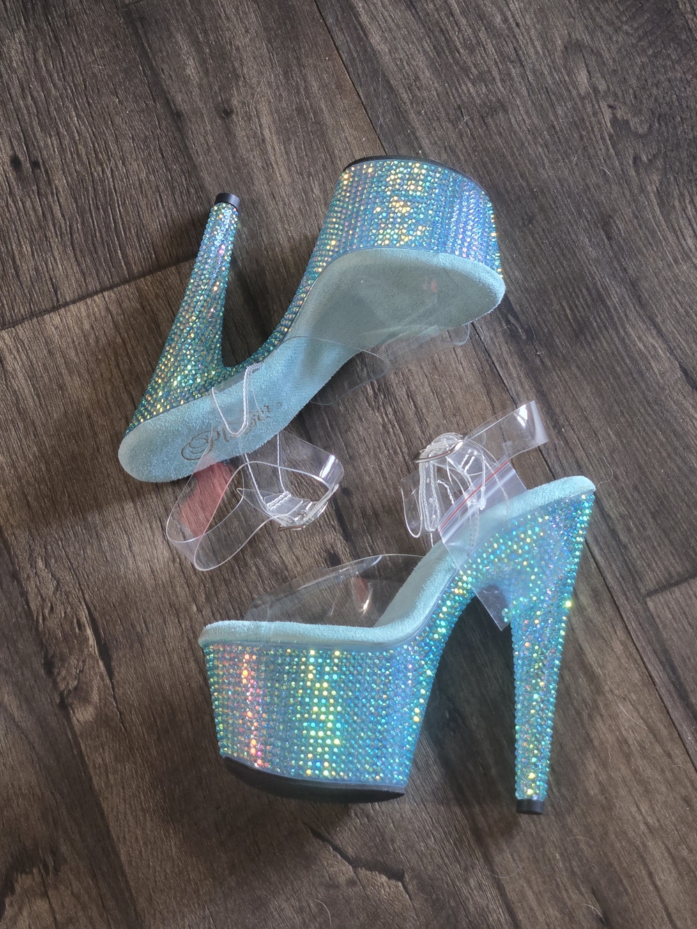 Pleaser Iridescent Aqua Crystal Platform Heels with Clear Straps